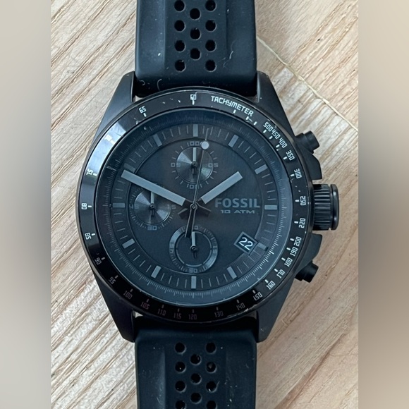 Fossil Decker Chronograph Watch Black Dial Date Window Black Silicone Strap